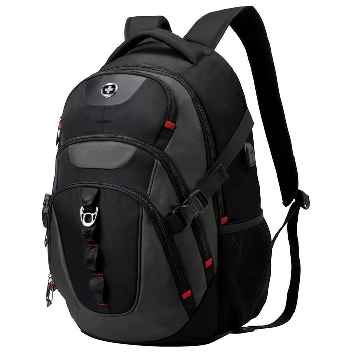Swissdigital Vector Backpack - A black and grey Swissdigital Vector Backpack with red accents, featuring a logo on the front.