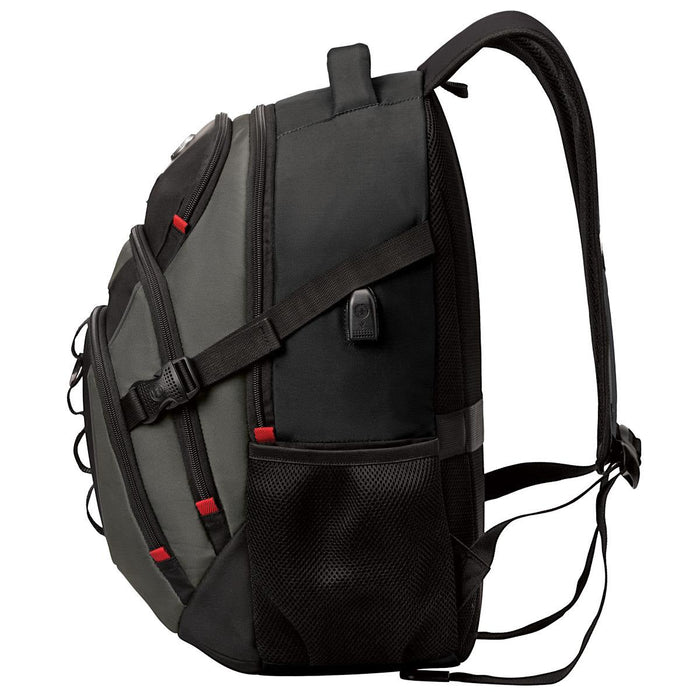 Swissdigital Vector Backpack - A laptop backpack in grey and black with multiple compartments and adjustable straps. Features a side pocket and logo.