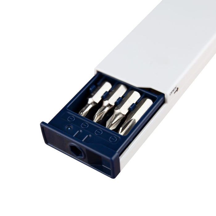 Screwdriver Tape Measure - A screw driver tape measure in white and navy, featuring a compartment with four metal bits.