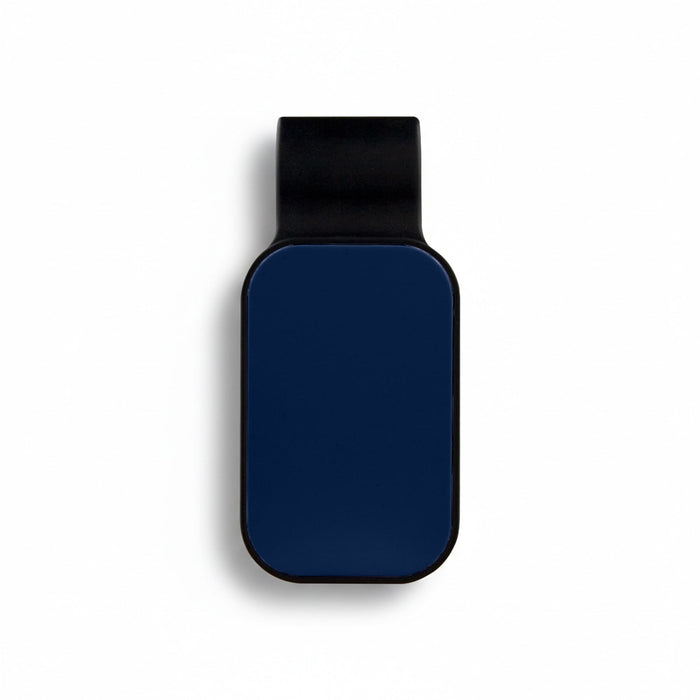Car Visor Sunglass Holder - A navy blue car visor sunglass holder with a black attachment. Features a smooth surface and a logo.