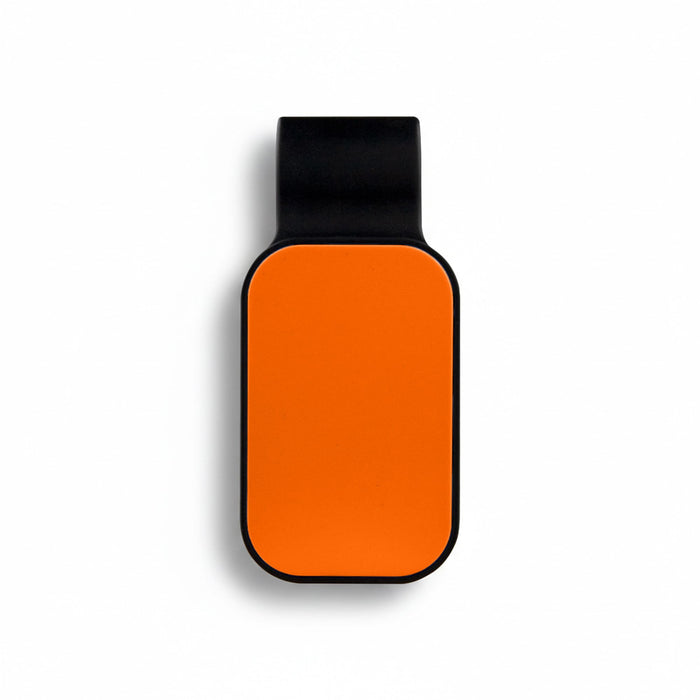 Car Visor Sunglass Holder - An orange and black car visor sunglass holder with a smooth, rounded design. It features a logo.