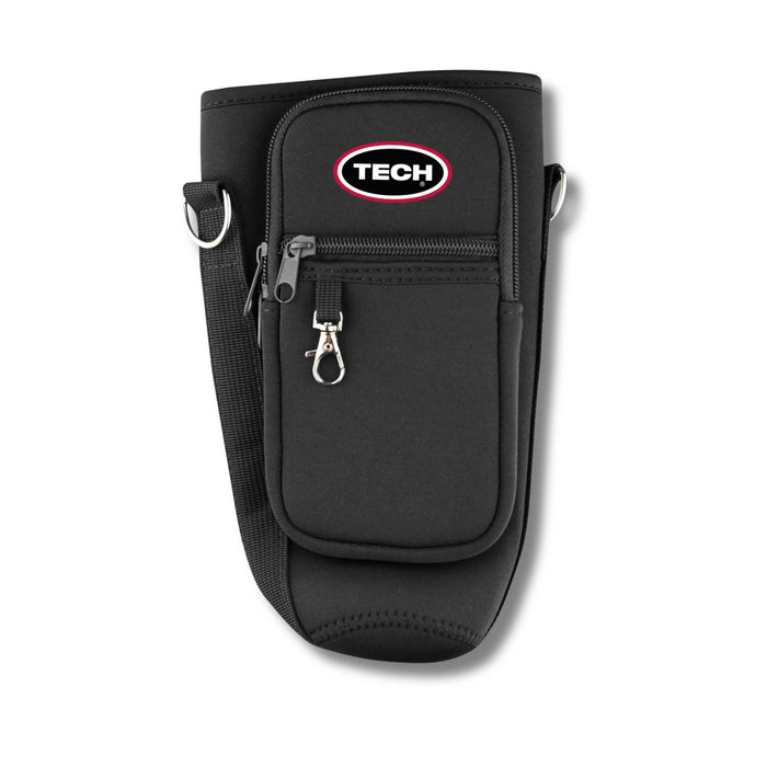 Aero Neoprene Bottle Carrier - A drink bottle carrier in black neoprene with a front pocket and adjustable strap, featuring a logo.