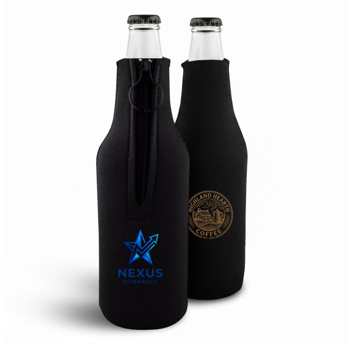 330ML Neoprene Beer Beverage bottle Holder - A drink bottle holder in black neoprene, featuring two bottles and logos on the front.