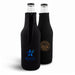 330ML Neoprene Beer Beverage bottle Holder - A drink bottle holder in black neoprene, featuring two bottles and logos on the front.
