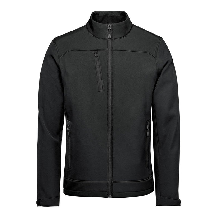 Men's Aleutian Softshell Jacket - A black men's softshell jacket featuring a full front zipper and multiple pockets, including a chest pocket.