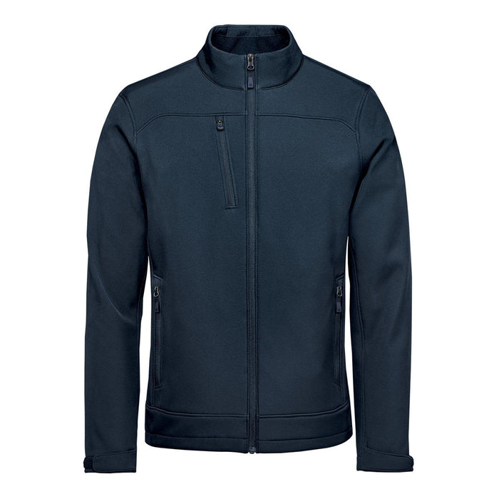 Men's Aleutian Softshell Jacket - A navy blue softshell jacket featuring a high collar and zipped pockets, with a logo on the chest.