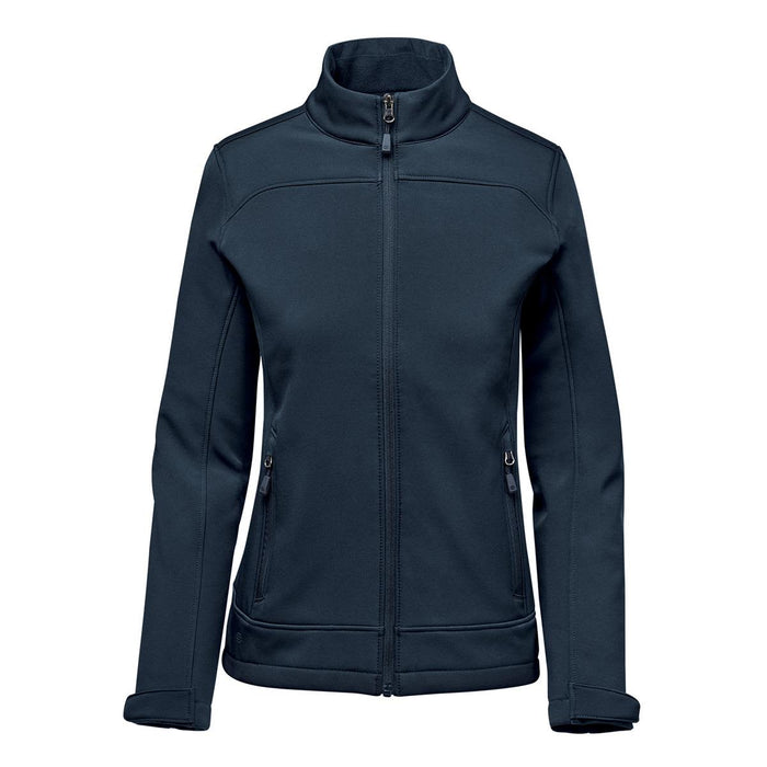 Women's Aleutian Softshell Jacket - A women's softshell jacket in navy blue with a high collar and zippered pockets. Features a discreet logo.