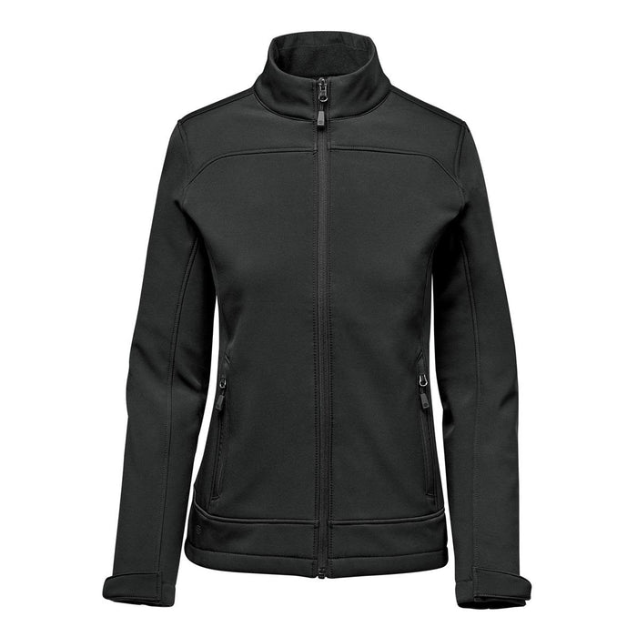 Women's Aleutian Softshell Jacket - A women's black softshell jacket with a zip front, high collar, and side pockets, featuring a logo.