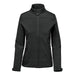 Women's Aleutian Softshell Jacket - A women's black softshell jacket with a zip front, high collar, and side pockets, featuring a logo.