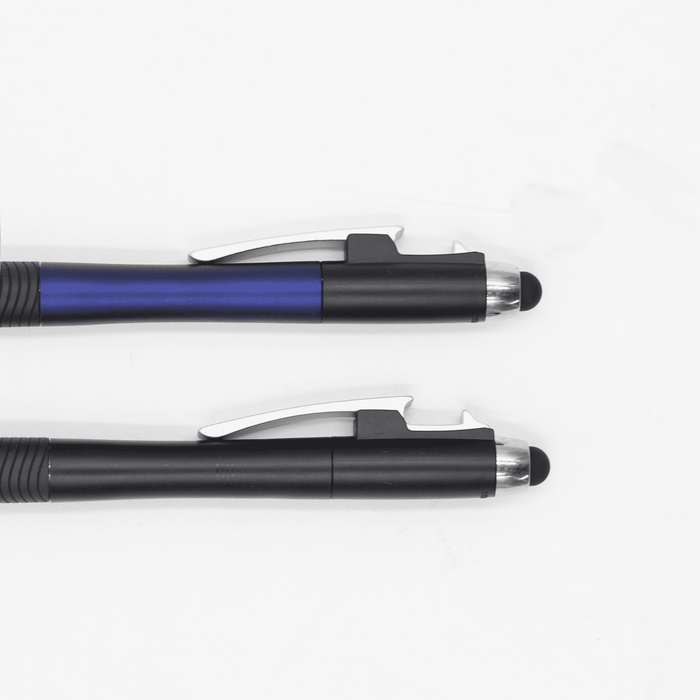 The Ironhide Pen - A close-up of two black pens with a blue accent and silver details, featuring a stylus tip and retractable design.