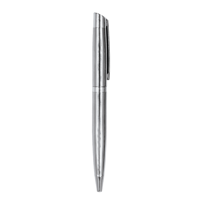 The Rhi Metal Ball Pen - A silver metal ball pen with a sleek design and a clip for securing. It features a logo on the body.
