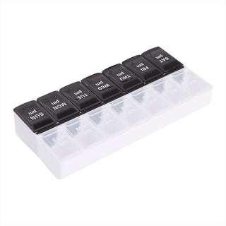 Recycled AM/PM Pill Case - A black and white recycled AM/PM pill case with a transparent base and labelled compartments for each day.