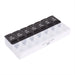 Recycled AM/PM Pill Case - A transparent AM/PM pill case with black lids labelled for each day of the week. It features a logo on the side.