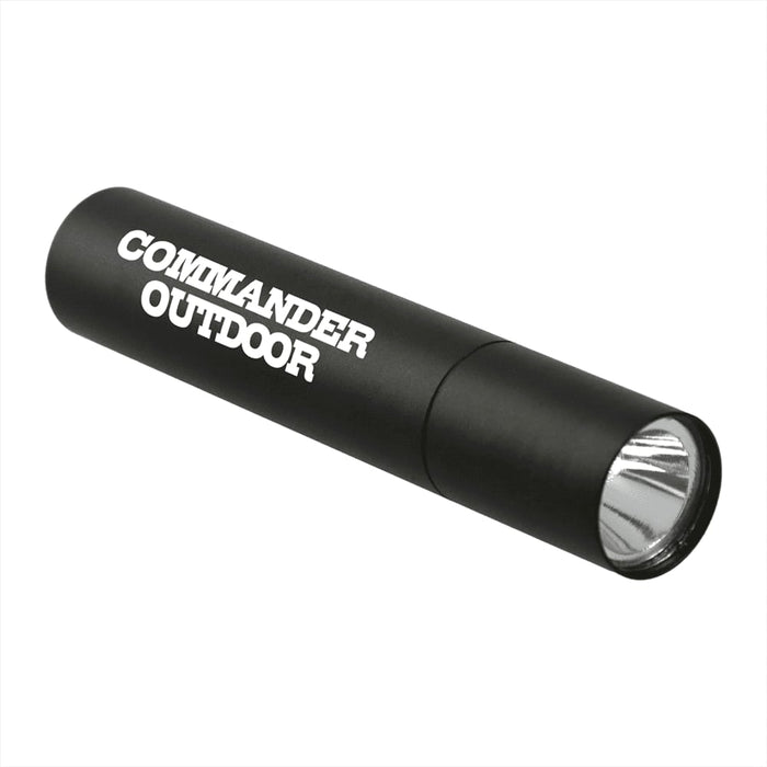 Rechargeable 1200mah Flashlight - A black rechargeable flashlight with a silver front and a logo printed on its body.