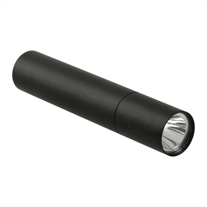 Rechargeable 1200mah Flashlight - A black rechargeable flashlight with a sleek cylindrical design, featuring a shiny lens at one end and a logo.