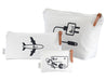 Calico Travel Set - A set of three cream-coloured canvas bags with black designs, featuring an airplane, charger symbol, and key motif.