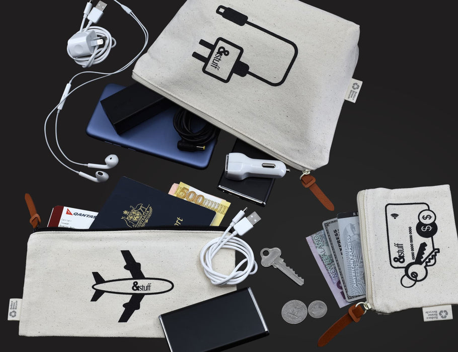 Calico Travel Set - A beige travel set includes bags with various electronic accessories, a phone, cash, coins, and travel documents.