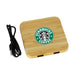 Trafalgar Bamboo charging dock - A bamboo wireless charging dock in a square shape, featuring a logo and a connected black charging cable.