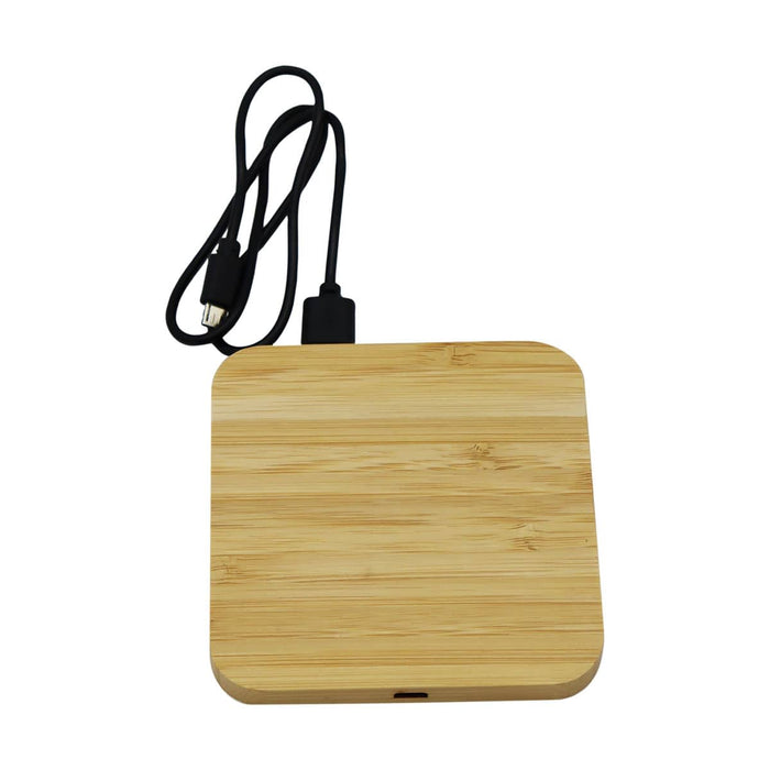 Trafalgar Bamboo charging dock - A bamboo wireless charging dock in a square shape, featuring a black charging cable attached.