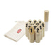 Skittle Throw - A set of wooden skittles with numbers, featuring a drawstring bag for storage. The skittles are natural wood colour.