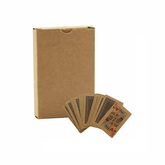 Eco Playing Cards - Eco-friendly playing cards spread out next to a brown cardboard box, featuring a simple design and natural colours.