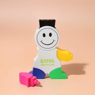 Little Guy Highlighter - A playful highlighter shaped like a smiling character, featuring a black top and colourful arms, with a pink highlighter cap.