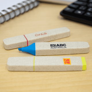 Eco Highlighter - A set of eco-friendly highlighters in blue, yellow, and greyish beige, with various branding elements.