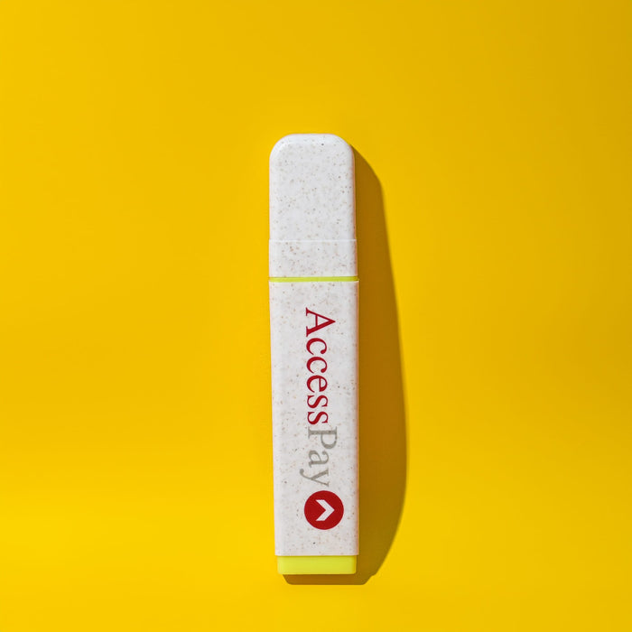 Eco Highlighter - An eco-friendly highlighter in white with a yellow end, featuring a logo on a bright yellow background.