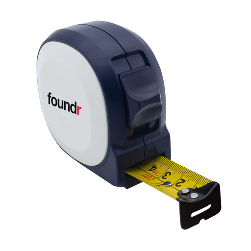 Marloo 7.5M Tape Measure - A navy and white tape measure with a yellow measuring tape, featuring a logo on the casing.