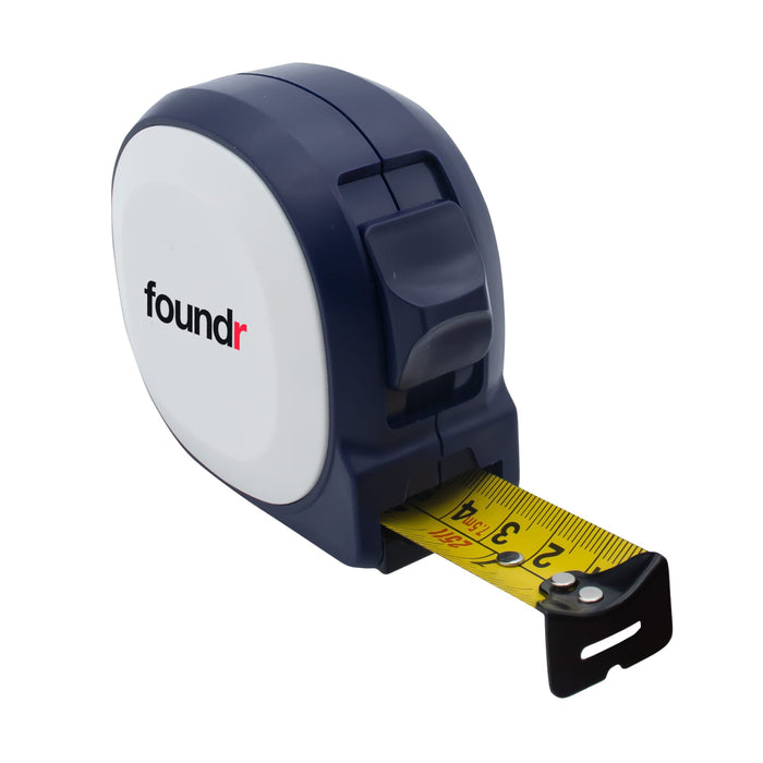 Marloo 7.5M Tape Measure - A navy and white tape measure with a yellow measuring tape, featuring a logo on the casing.