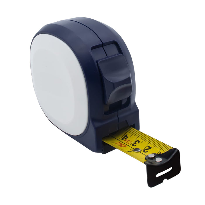 Marloo 7.5M Tape Measure - A navy and white 7.5M tape measure with a yellow measuring tape and a metal clip. It features a branding logo.