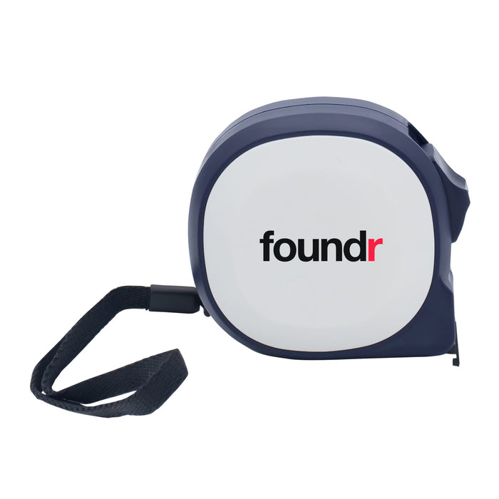 Marloo 7.5M Tape Measure - A navy tape measure with a white body and a wrist strap, featuring a small logo.