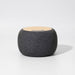 Boomer Bamboo Wireless Speaker - A round, grey wireless speaker with a wooden top surface and a logo on it.