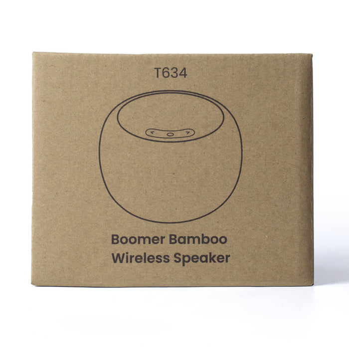 Boomer Bamboo Wireless Speaker - A brown cardboard box featuring a simple illustration of a round bamboo wireless speaker with a logo.