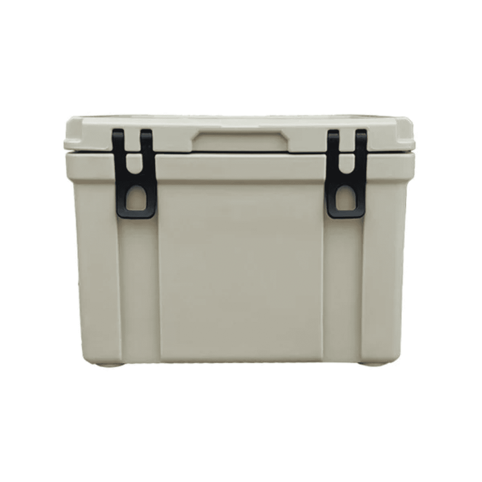 25L Cooler Box - A 25L cooler box in cream colour, featuring black latches and a sturdy design. It has a logo on the side.