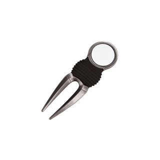 Pro Pitch Repairer With 25mm Ball Marker - A golf pitch repairer with a black rubber grip and a 25mm circular ball marker. It has a metallic finish.