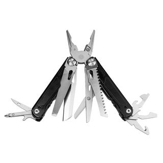 Trekk Survival Multi-Tool - A black and stainless steel multi-tool with various tools, including pliers, blades, and a can opener. Features a logo.