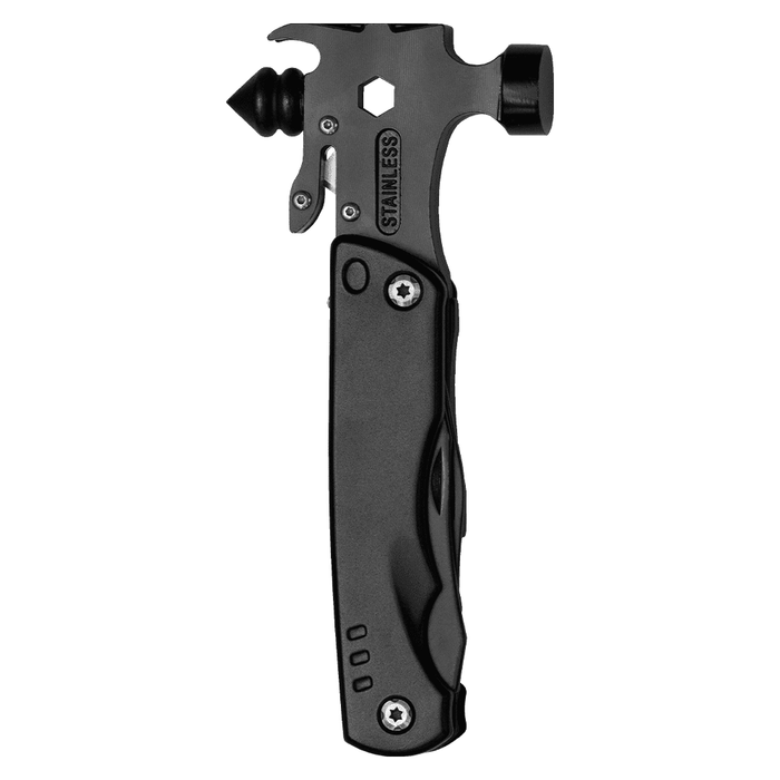 Trekk Survival Hammer & Multi-Tool - A multi-tool featuring a stainless steel hammer, hex tool, and a textured black handle with a logo.