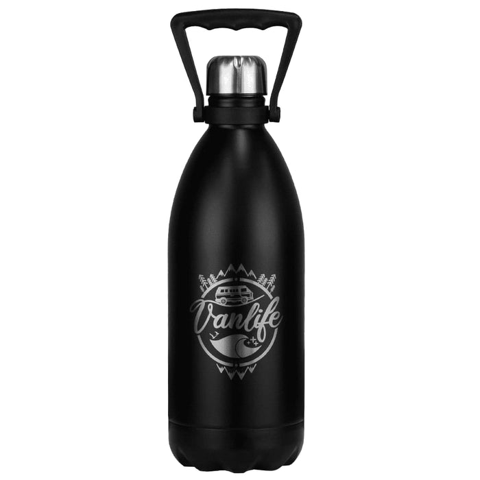 Trekk Cove 1.5 L Vacuum Insulated Stainless Steel Bottle - A drink bottle made of stainless steel in matte black, featuring a handle and a logo design.