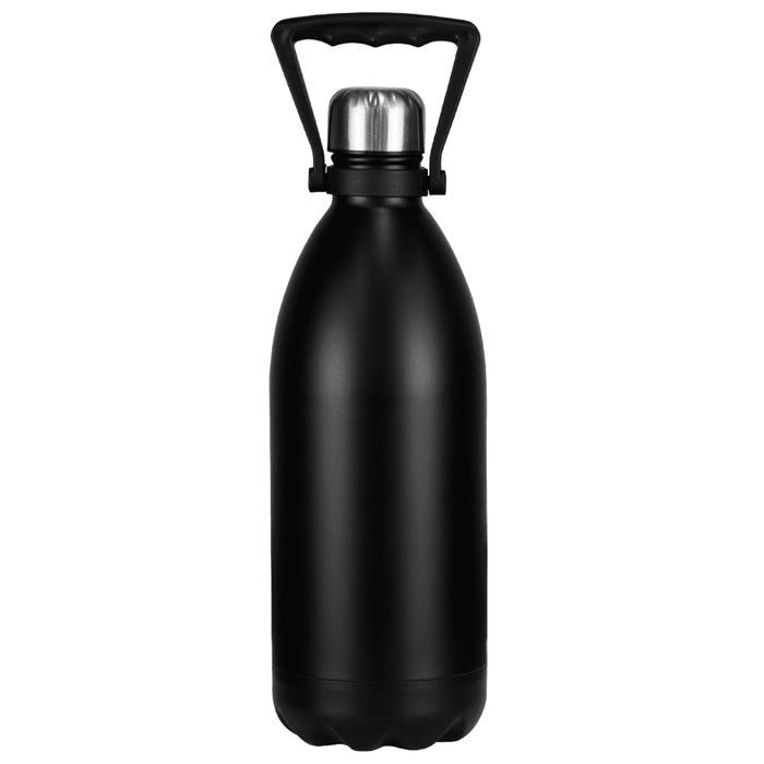 Trekk Cove 1.5 L Vacuum Insulated Stainless Steel Bottle - A drink bottle in matte black, featuring a stainless steel lid and a handle for easy carrying.