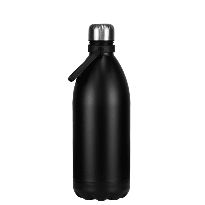 Trekk Cove 1.5 L Vacuum Insulated Stainless Steel Bottle - A drink bottle in matte black stainless steel with a silver lid and a small handle. It features a logo on the side.