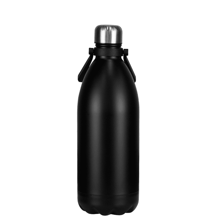 Trekk Cove 1.5 L Vacuum Insulated Stainless Steel Bottle - A drink bottle in matte black, featuring a stainless steel cap and a branding logo on the front.