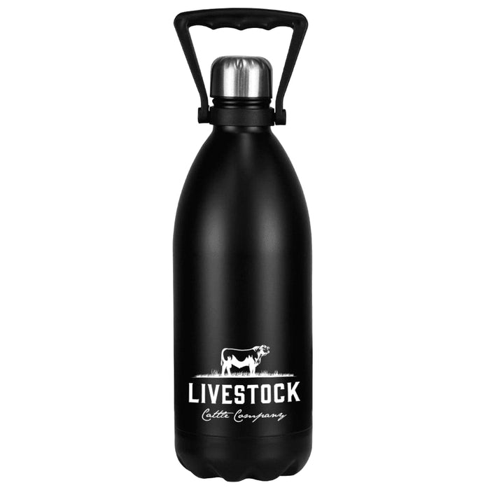 Trekk Cove 1.5 L Vacuum Insulated Stainless Steel Bottle - A drink bottle in matte black stainless steel with a silver insulated lid and a handle. Features a logo.