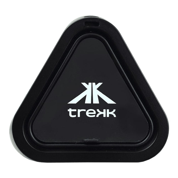 Trekk Outdoor Speaker & Wireless Powerbank - A triangular black speaker with a logo, featuring a sleek design suitable for outdoor use.