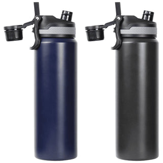 Trekk Chug or Sip Double Wall Bottle - 800ml - A drink bottle in navy blue and dark grey, featuring a dual-function top and a logo. Double wall design, 800ml capacity.