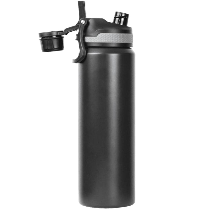 Trekk Chug or Sip Double Wall Bottle - 800ml - A drink bottle in matte black, featuring a double wall design and a lid with a drinking spout. Includes a logo.