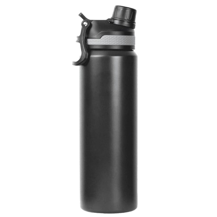 Trekk Chug or Sip Double Wall Bottle - 800ml - A drink bottle in matte black finish with a detachable lid and a textured grip band, featuring a logo.