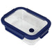 Trekk Crib Glass Lunch Box - A glass lunch box with a navy blue lid and a vent hole, featuring a transparent container.