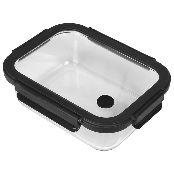 Trekk Crib Glass Lunch Box - A rectangular glass lunch box with a clear body and black silicone lid, featuring a ventilated hole.