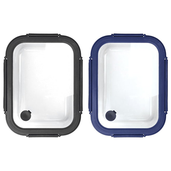 Trekk Crib Glass Lunch Box - A set of two rectangular glass lunch boxes with black and navy blue silicone lids. They include locking clips.